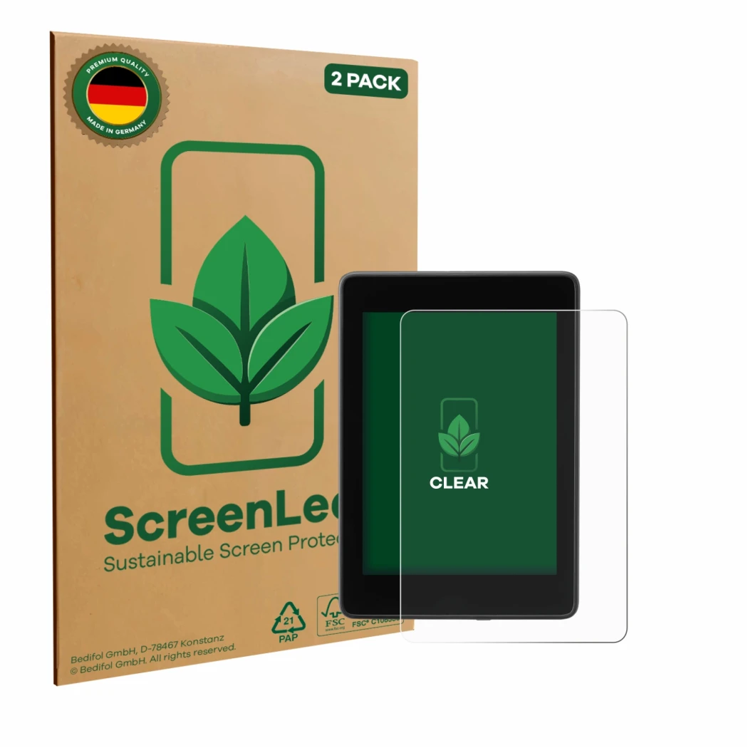 Vorderseite einer Produktverpackung mit dem Markenlogo ScreenLeaf. Daneben ist das Gerät Amazon Kindle Paperwhite 2018 (10. Ge