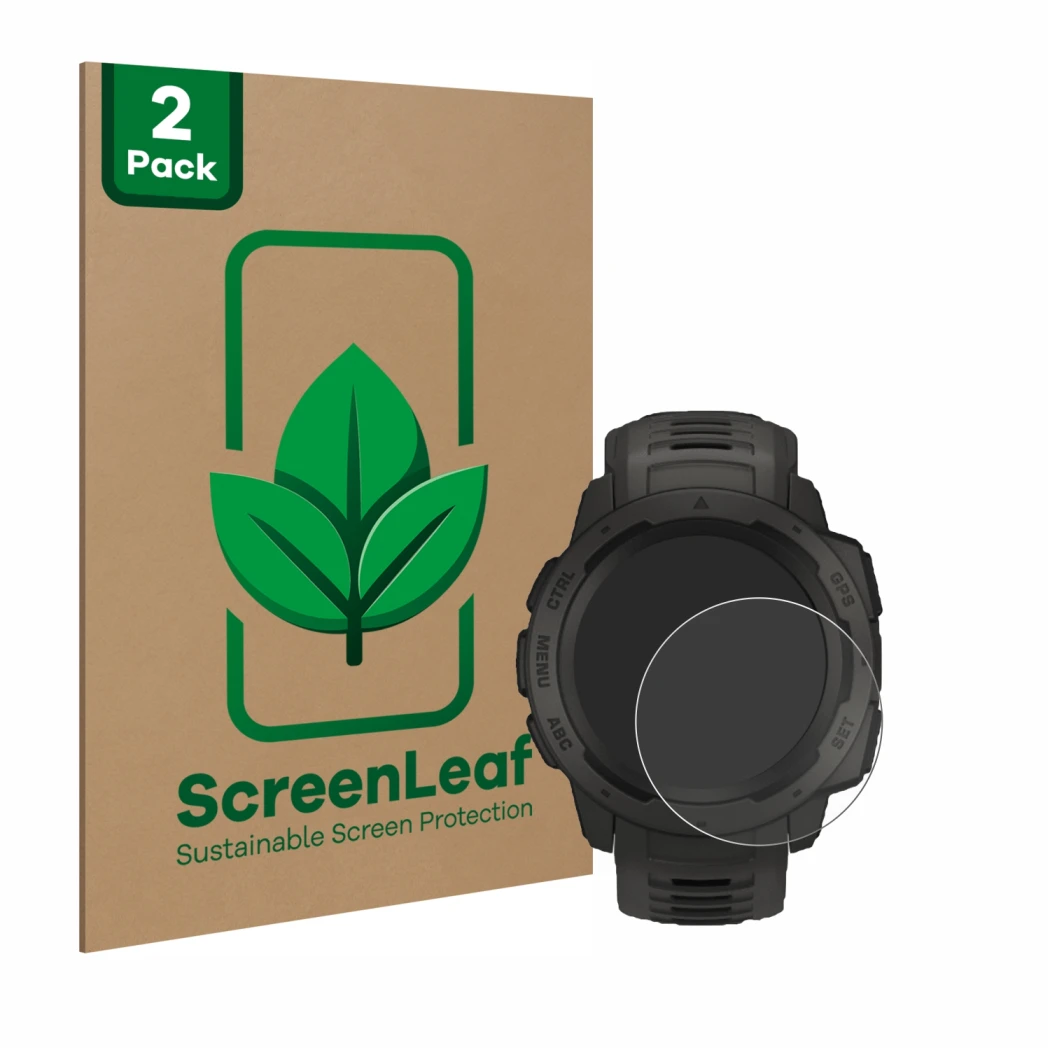 Vorderseite einer Produktverpackung mit dem Markenlogo ScreenLeaf. Daneben ist das Gerät Garmin Instinct mit dem zugehörigen D