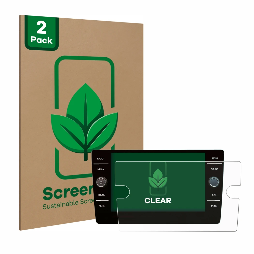 Vorderseite einer Produktverpackung mit dem Markenlogo ScreenLeaf. Daneben ist das Gerät Volkswagen Golf 7 2019 Discover Media