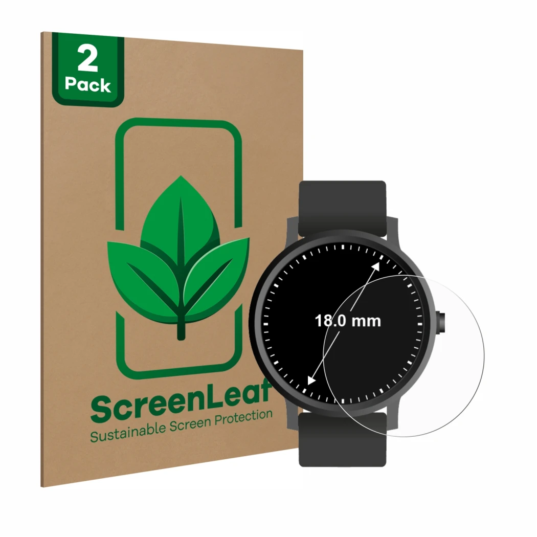 Vorderseite einer Produktverpackung mit dem Markenlogo ScreenLeaf. Daneben ist das Gerät Kreisrunde Displays (ø: 18 mm) mit de