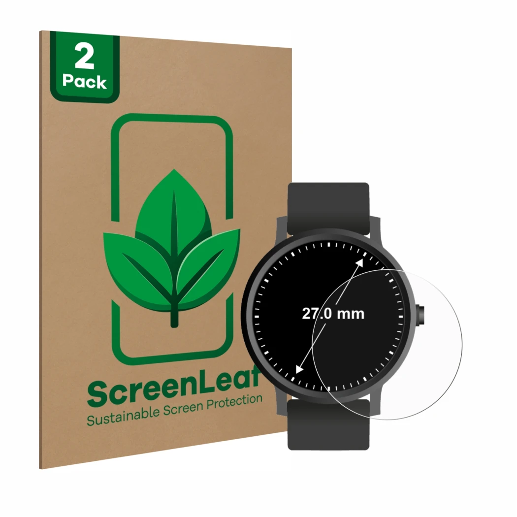 Vorderseite einer Produktverpackung mit dem Markenlogo ScreenLeaf. Daneben ist das Gerät Kreisrunde Displays (ø: 27 mm) mit de
