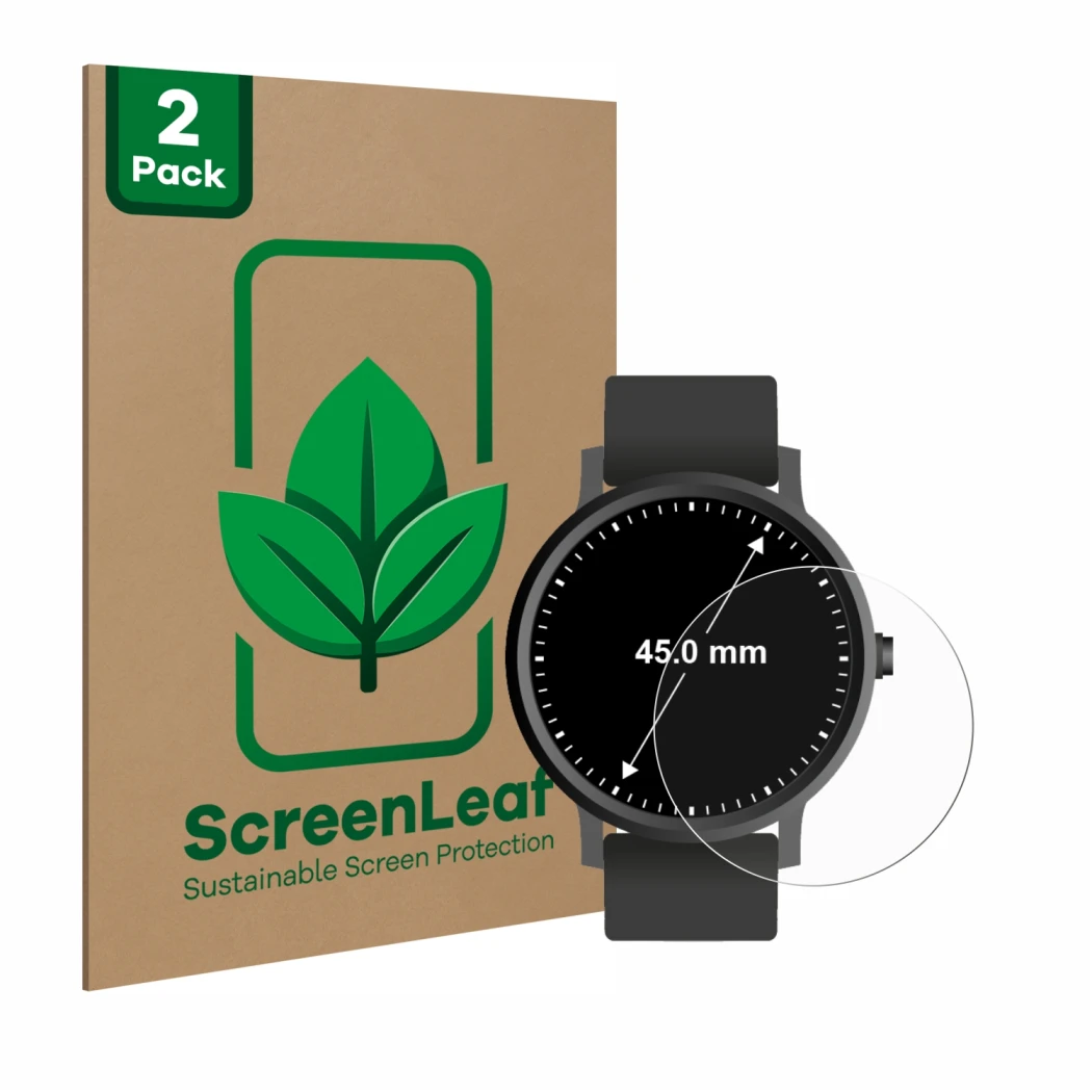 Vorderseite einer Produktverpackung mit dem Markenlogo ScreenLeaf. Daneben ist das Gerät Kreisrunde Displays (ø: 45 mm) mit de
