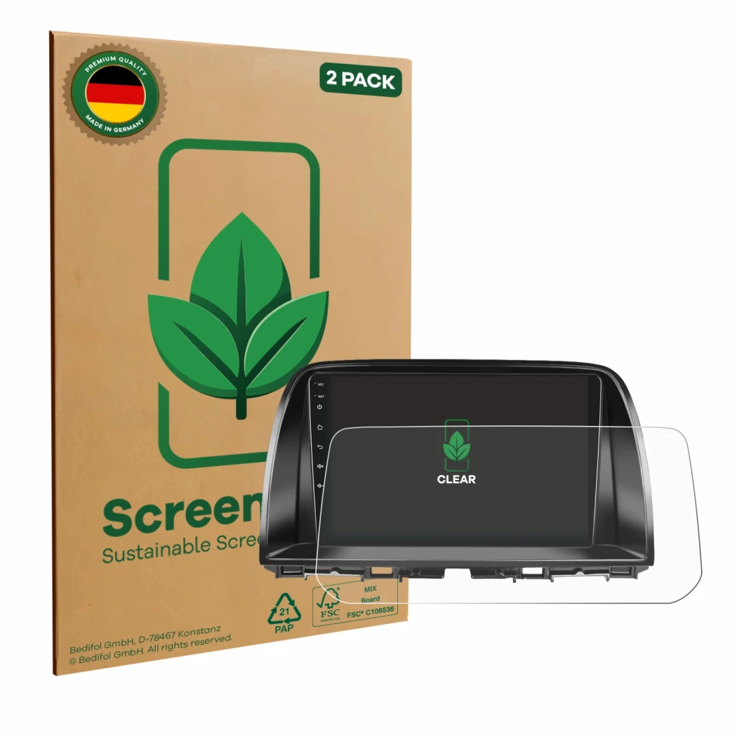 Vorderseite einer Produktverpackung mit dem Markenlogo ScreenLeaf. Daneben ist das Gerät Mazda CX-5 2017 Infotainment System m