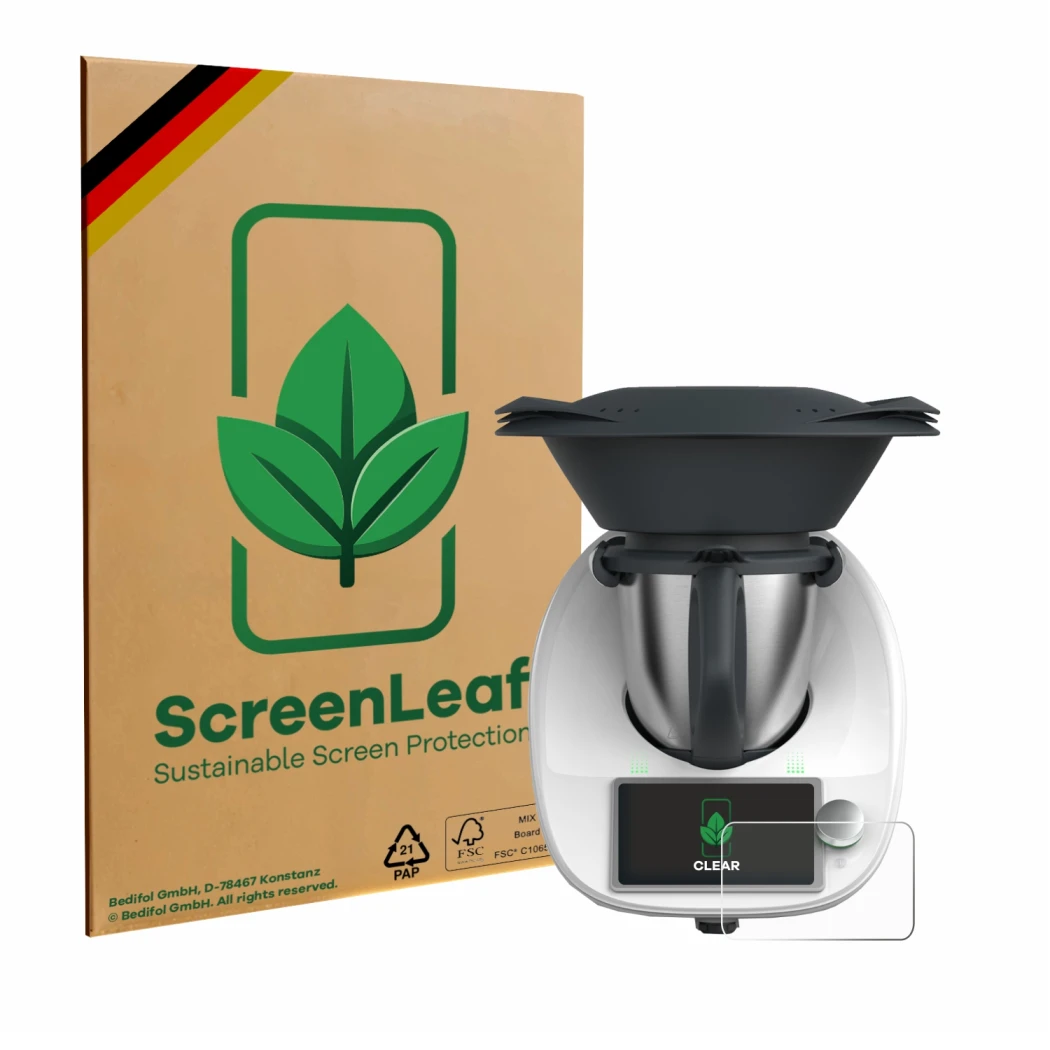 Vorderseite einer Produktverpackung mit dem Markenlogo ScreenLeaf. Daneben ist das Gerät Vorwerk Thermomix TM6 mit dem zugehör