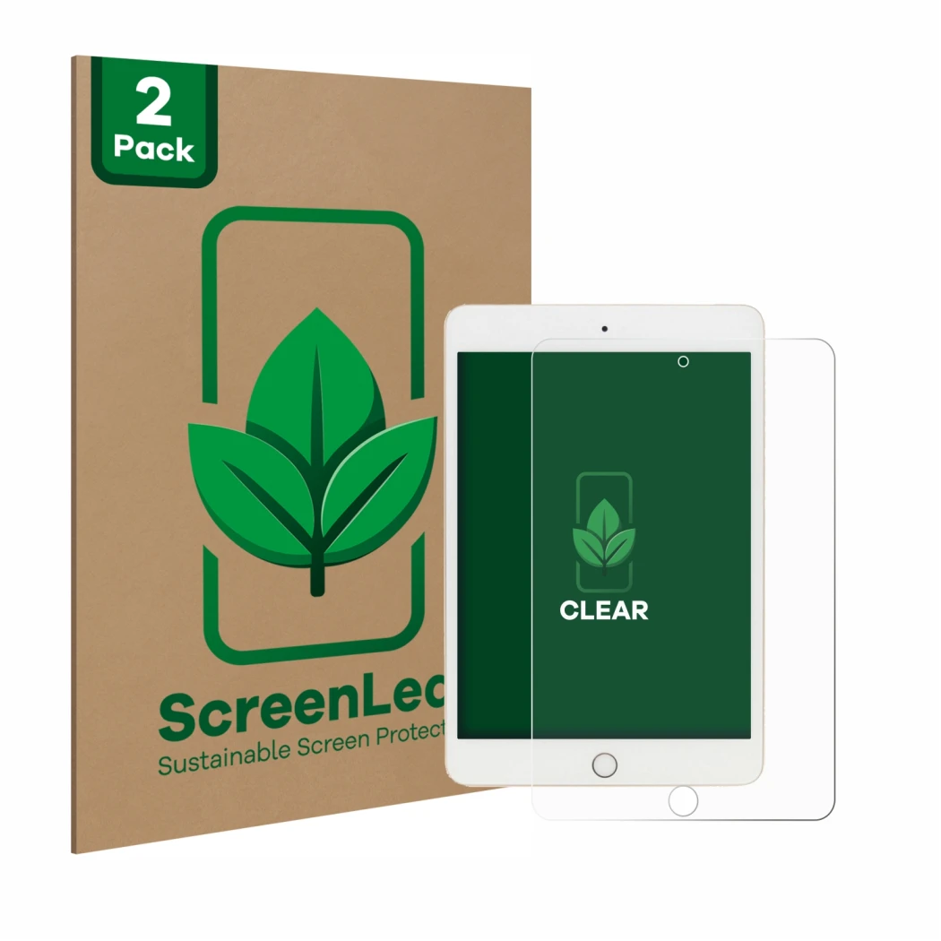 Vorderseite einer Produktverpackung mit dem Markenlogo ScreenLeaf. Daneben ist das Gerät Apple iPad Mini 5 2019 (5. Gen.) mit 