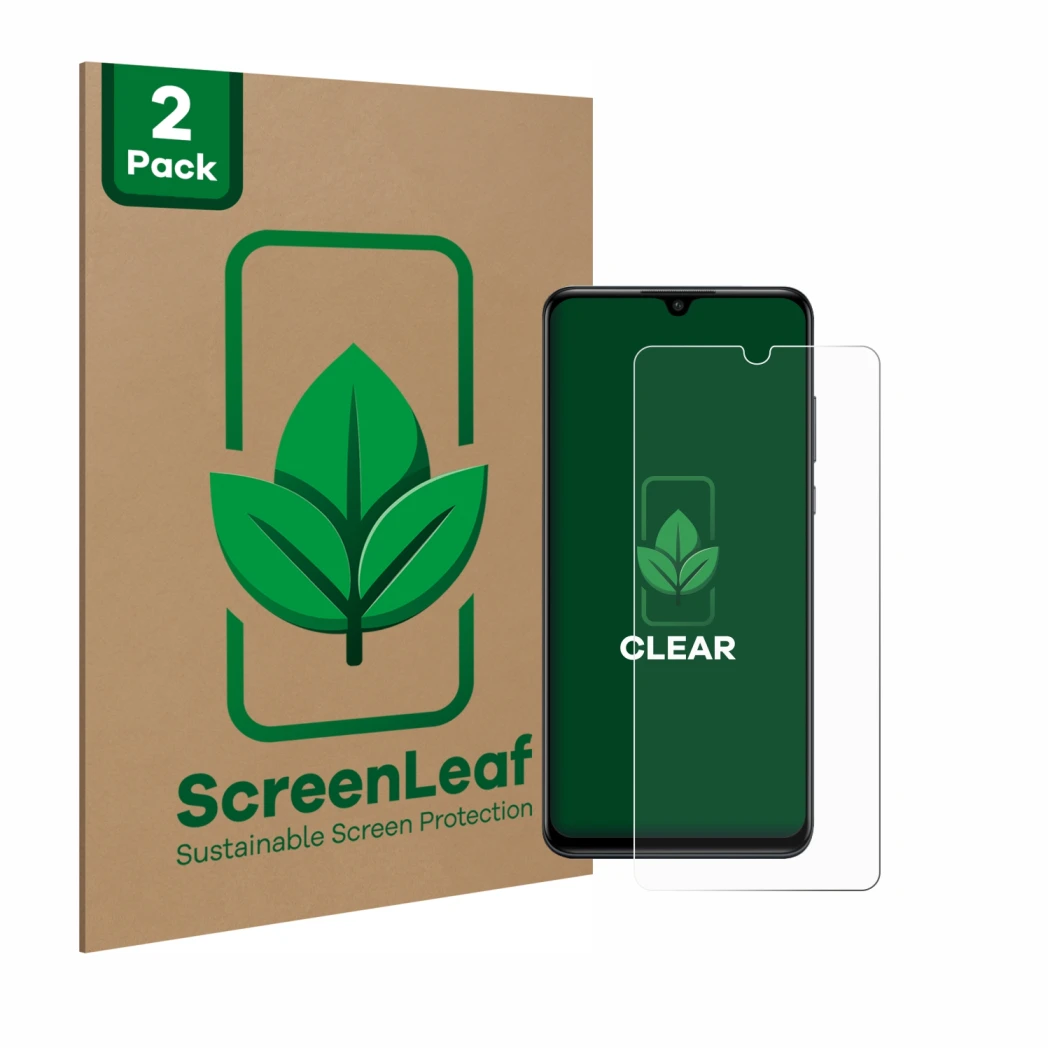 Vorderseite einer Produktverpackung mit dem Markenlogo ScreenLeaf. Daneben ist das Gerät Huawei P30 lite mit dem zugehörigen D