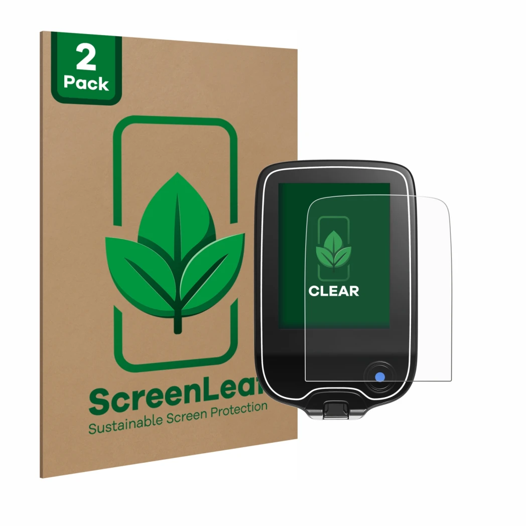 Vorderseite einer Produktverpackung mit dem Markenlogo ScreenLeaf. Daneben ist das Gerät Freestyle Libre 2 mit dem zugehörigen