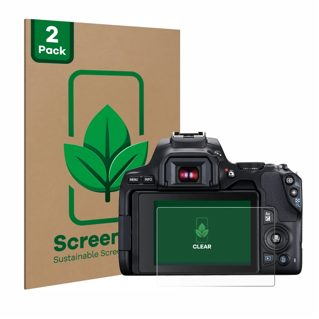 Vorderseite einer Produktverpackung mit dem Markenlogo ScreenLeaf. Daneben ist das Gerät Canon EOS 250D mit dem zugehörigen Di