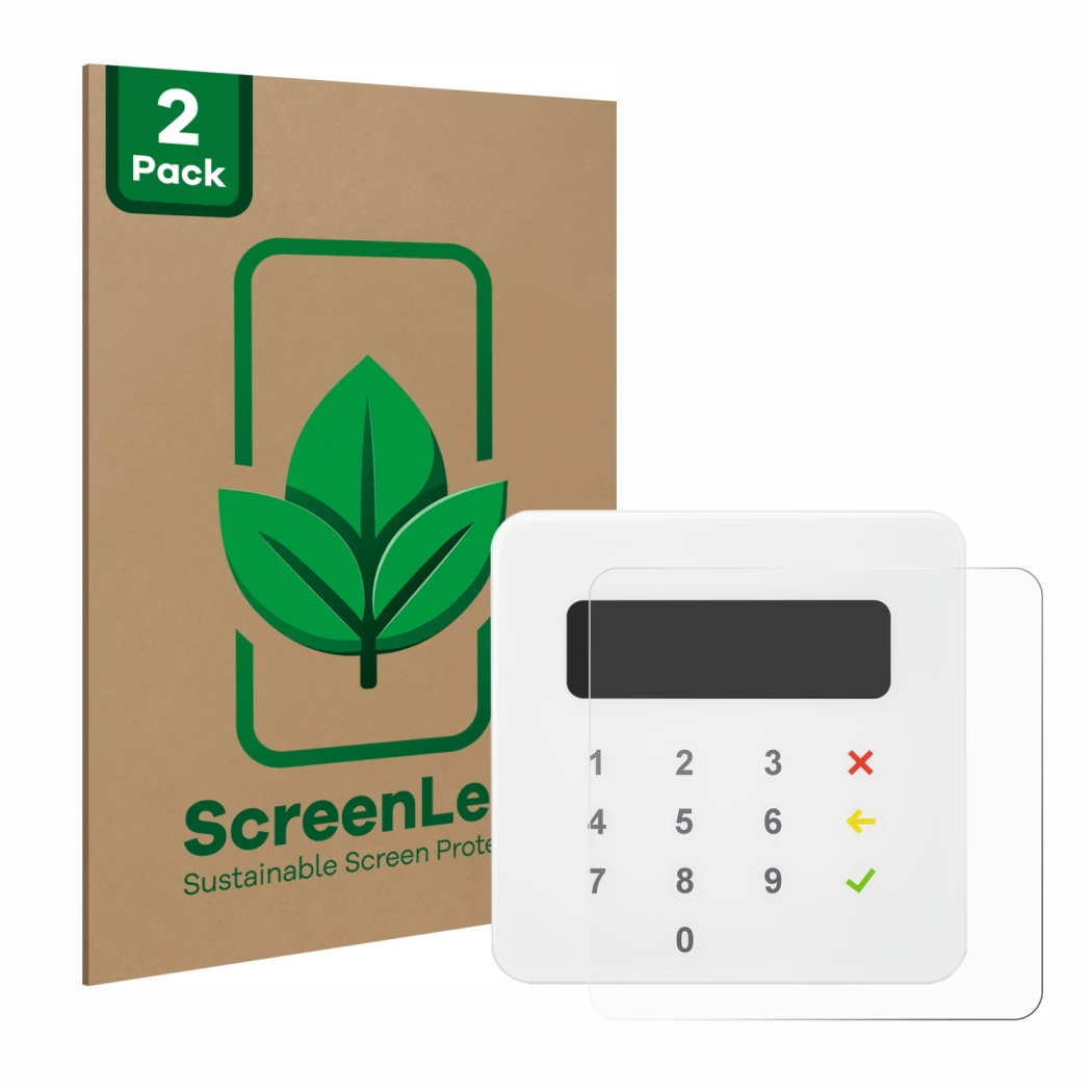 Vorderseite einer Produktverpackung mit dem Markenlogo ScreenLeaf. Daneben ist das Gerät SumUp Air mit dem zugehörigen Display