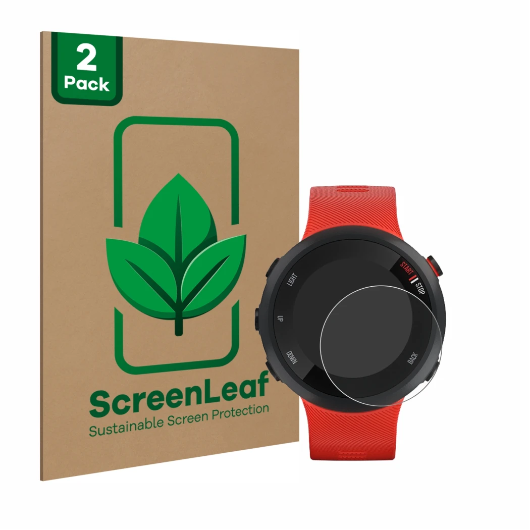 Vorderseite einer Produktverpackung mit dem Markenlogo ScreenLeaf. Daneben ist das Gerät Garmin Forerunner 45 mit dem zugehöri