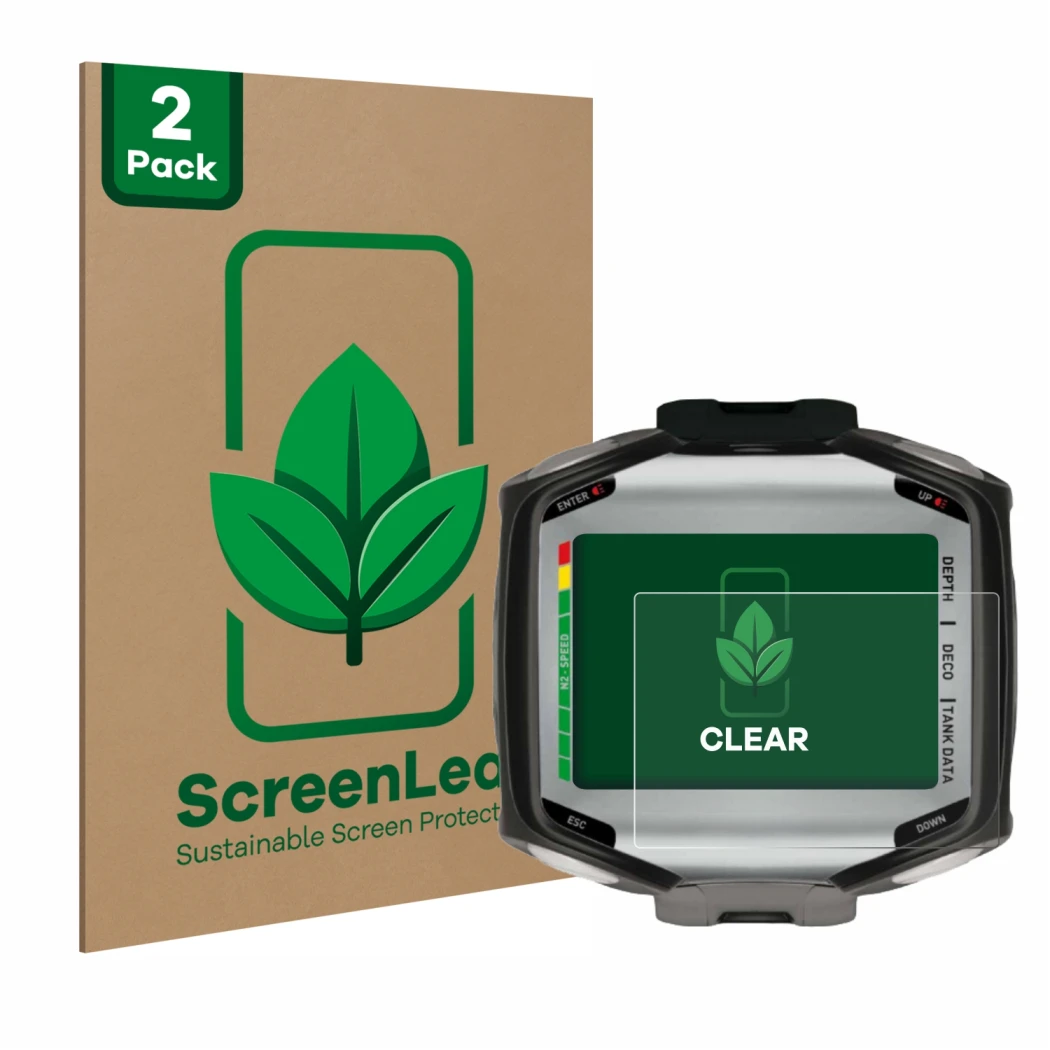 Vorderseite einer Produktverpackung mit dem Markenlogo ScreenLeaf. Daneben ist das Gerät Mares Quad mit dem zugehörigen Displa