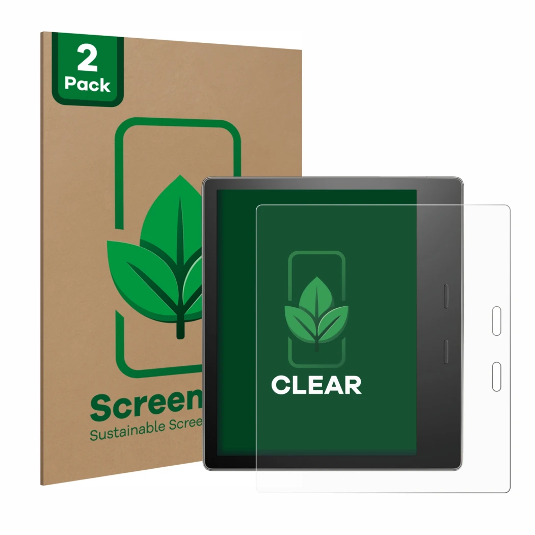 Vorderseite einer Produktverpackung mit dem Markenlogo ScreenLeaf. Daneben ist das Gerät Amazon Kindle Oasis 2019 (10. Gen.) m