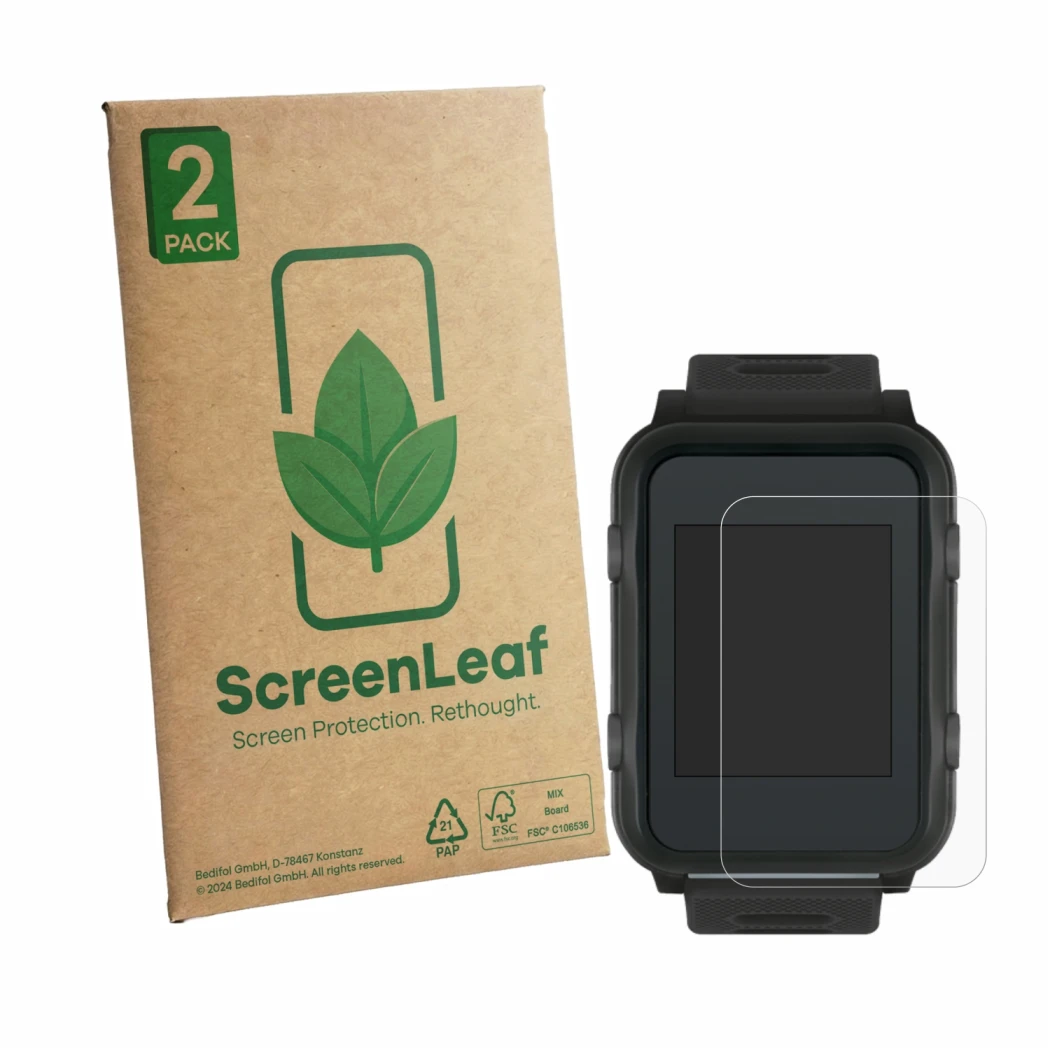 Vorderseite einer Produktverpackung mit dem Markenlogo ScreenLeaf. Daneben ist das Gerät Sigma iD.TRI mit dem zugehörigen Disp