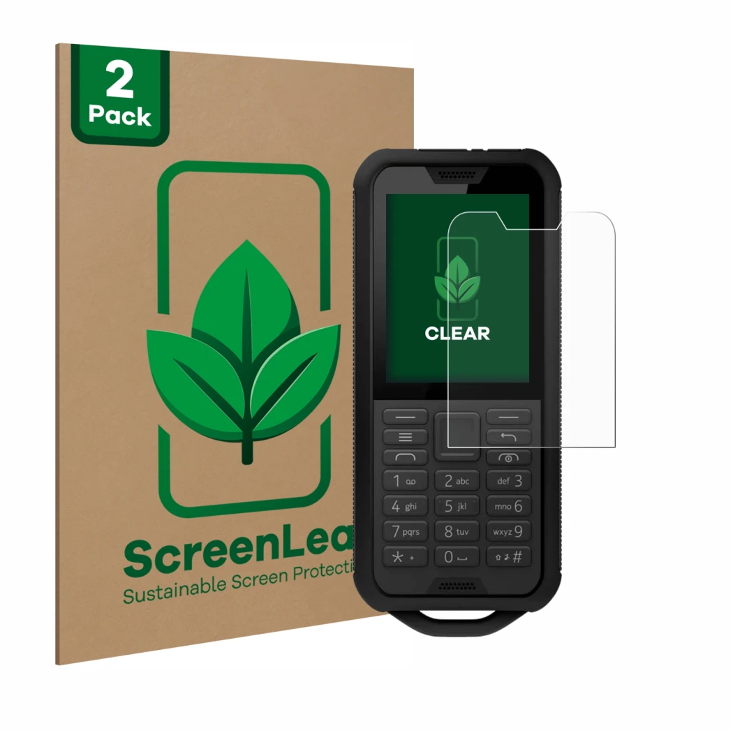 Vorderseite einer Produktverpackung mit dem Markenlogo ScreenLeaf. Daneben ist das Gerät Nokia 800 Tough mit dem zugehörigen D