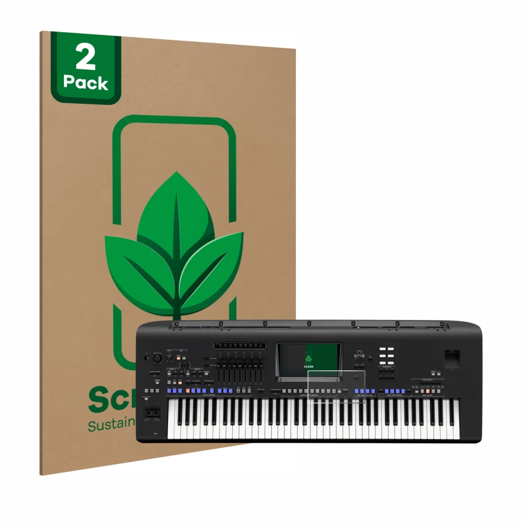 Vorderseite einer Produktverpackung mit dem Markenlogo ScreenLeaf. Daneben ist das Gerät Yamaha Genos mit dem zugehörigen Disp