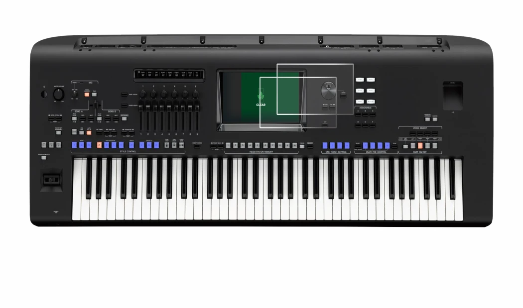 Abbildung des Geräts Yamaha Genos mit einer Vielzahl des Displayschutzes.