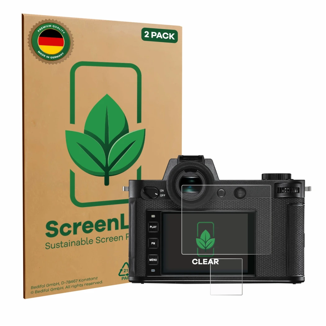Vorderseite einer Produktverpackung mit dem Markenlogo ScreenLeaf. Daneben ist das Gerät Leica SL2 mit dem zugehörigen Display
