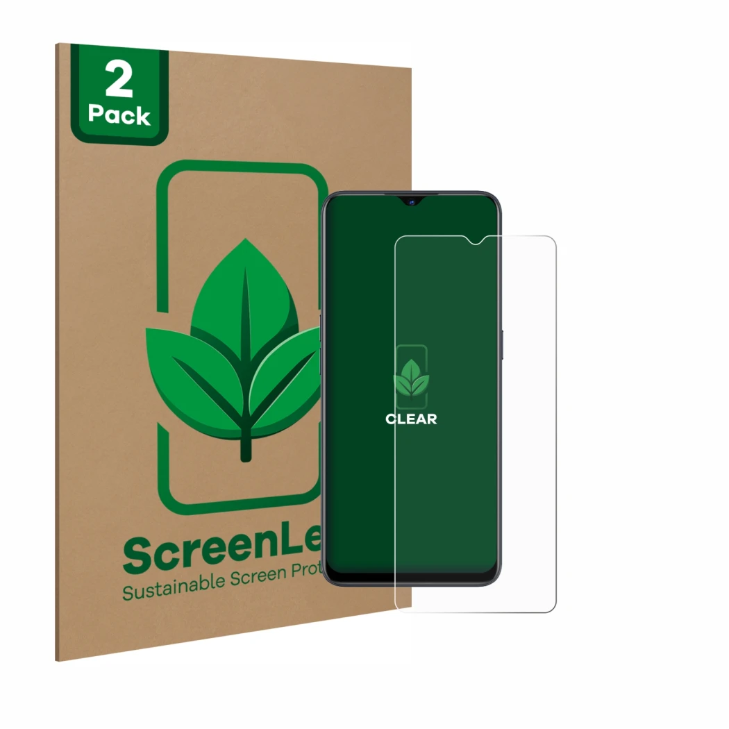 Vorderseite einer Produktverpackung mit dem Markenlogo ScreenLeaf. Daneben ist das Gerät Oppo Find X2 Lite mit dem zugehörigen