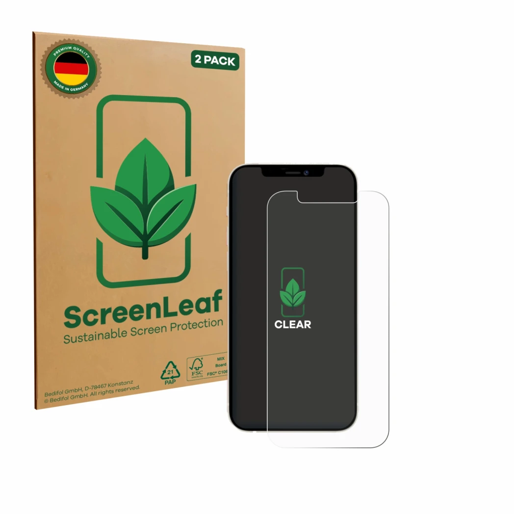 Vorderseite einer Produktverpackung mit dem Markenlogo ScreenLeaf. Daneben ist das Gerät Apple iPhone 12 Pro mit dem zugehörig