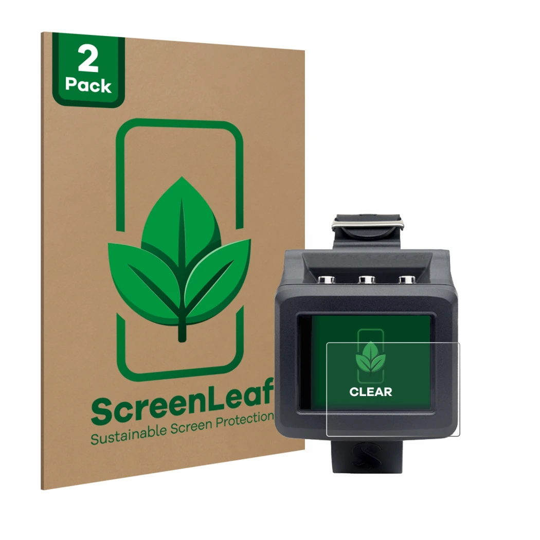 Vorderseite einer Produktverpackung mit dem Markenlogo ScreenLeaf. Daneben ist das Gerät Uwatec Galileo G2 mit dem zugehörigen