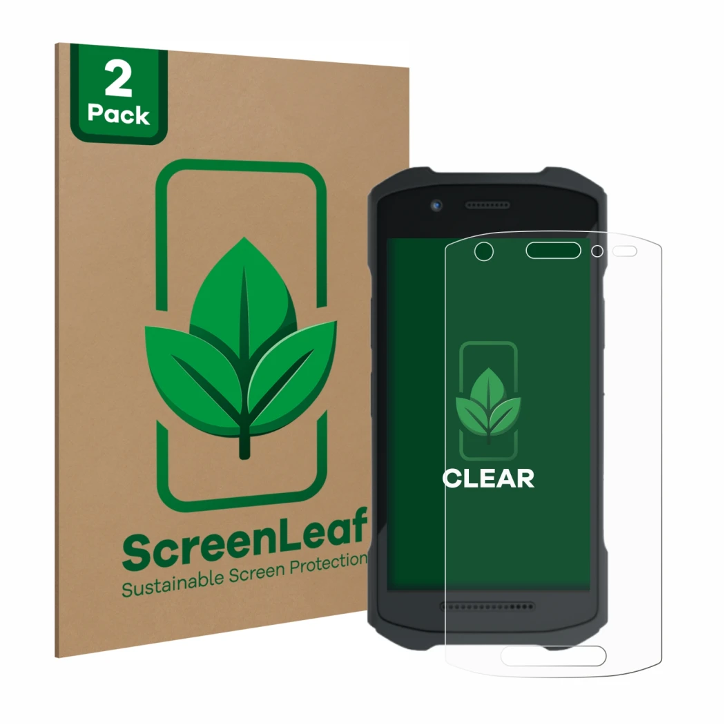 Vorderseite einer Produktverpackung mit dem Markenlogo ScreenLeaf. Daneben ist das Gerät Zebra TC21 mit dem zugehörigen Displa