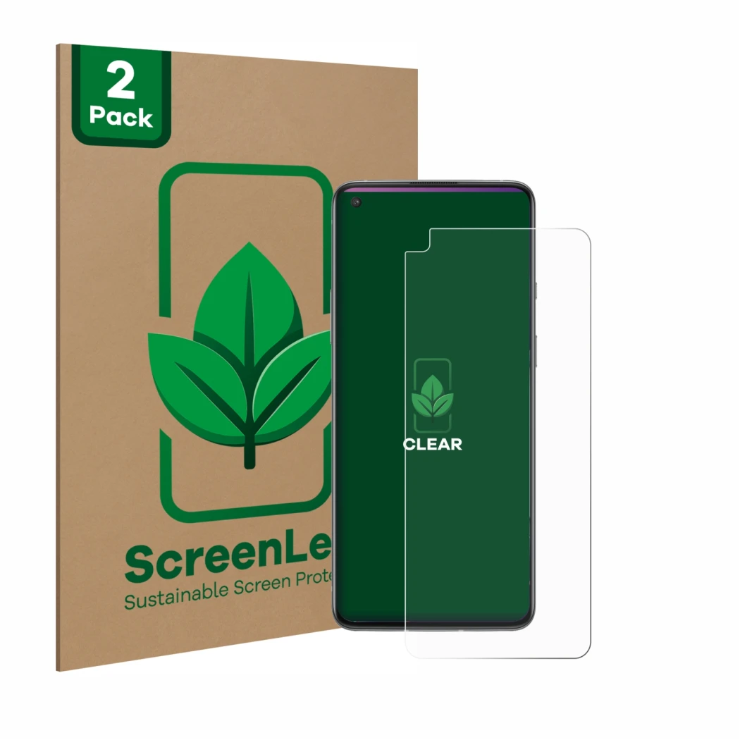 Vorderseite einer Produktverpackung mit dem Markenlogo ScreenLeaf. Daneben ist das Gerät OnePlus 8T mit dem zugehörigen Displa