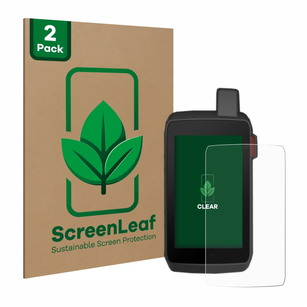 Vorderseite einer Produktverpackung mit dem Markenlogo ScreenLeaf. Daneben ist das Gerät Garmin Montana 700 mit dem zugehörige