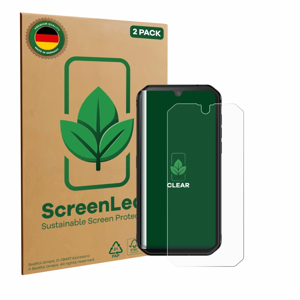 Vorderseite einer Produktverpackung mit dem Markenlogo ScreenLeaf. Daneben ist das Gerät Blackview BV9900E mit dem zugehörigen