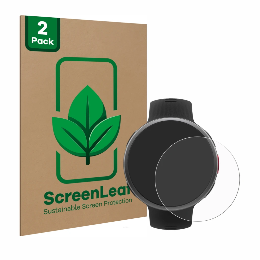 Vorderseite einer Produktverpackung mit dem Markenlogo ScreenLeaf. Daneben ist das Gerät Polar Vantage V2 mit dem zugehörigen 