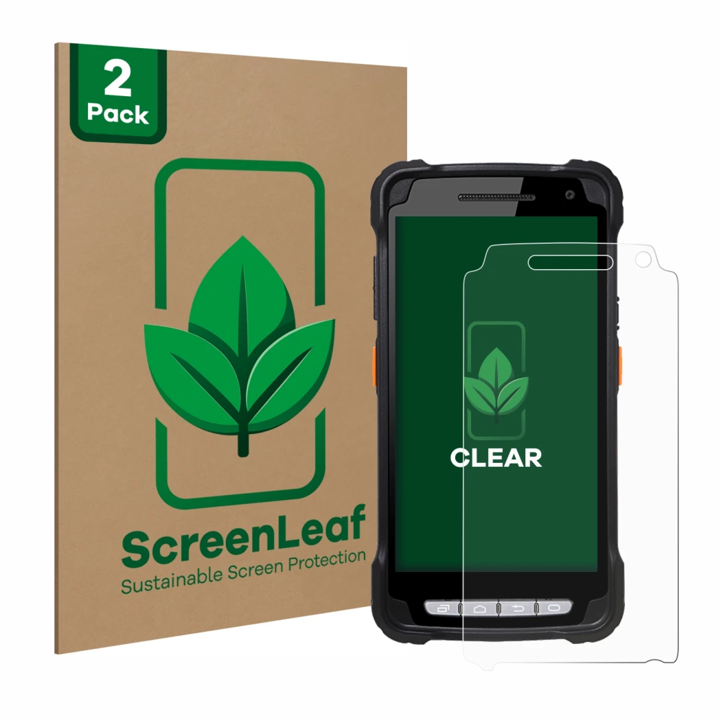 Vorderseite einer Produktverpackung mit dem Markenlogo ScreenLeaf. Daneben ist das Gerät Point Mobile PM90 mit dem zugehörigen
