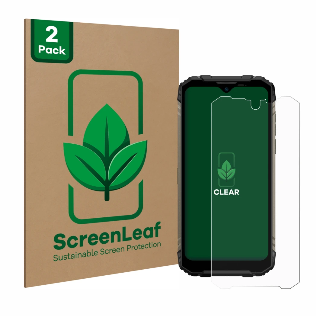 Vorderseite einer Produktverpackung mit dem Markenlogo ScreenLeaf. Daneben ist das Gerät Doogee S96 Pro mit dem zugehörigen Di