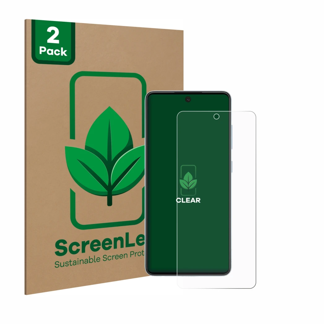 Vorderseite einer Produktverpackung mit dem Markenlogo ScreenLeaf. Daneben ist das Gerät Samsung Galaxy A52 5G mit dem zugehör