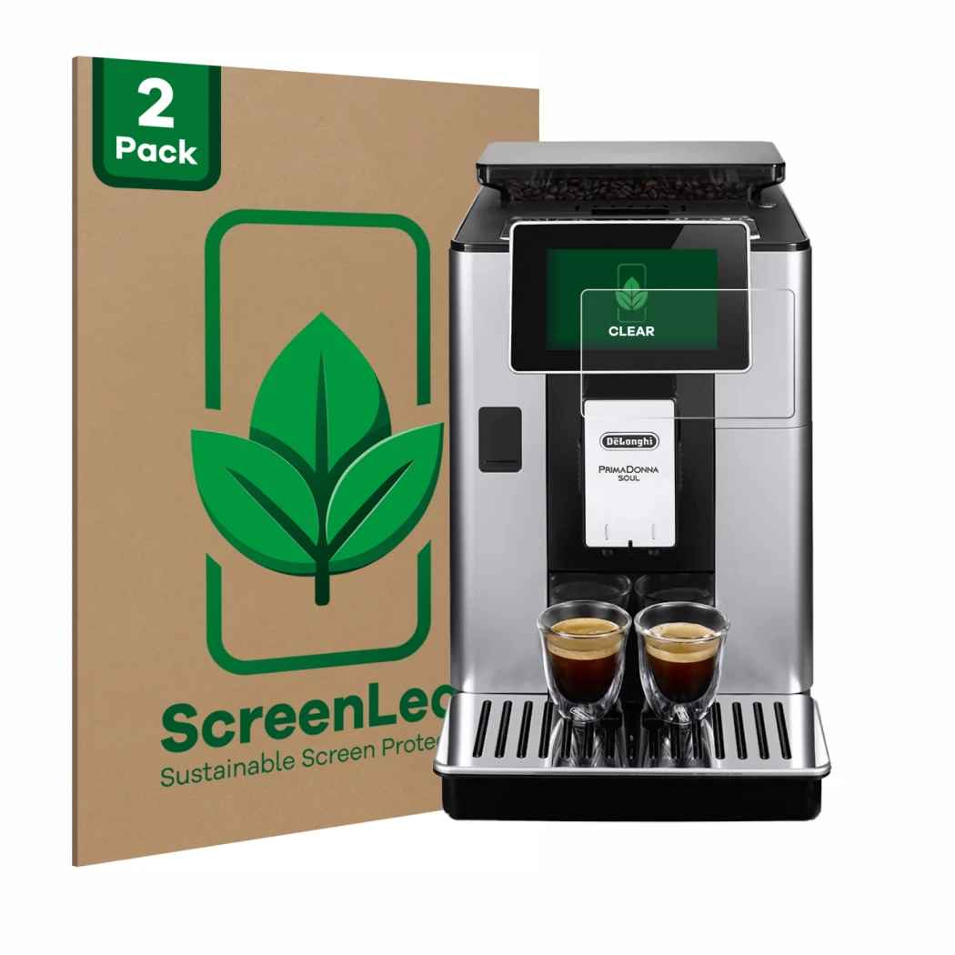 Vorderseite einer Produktverpackung mit dem Markenlogo ScreenLeaf. Daneben ist das Gerät DeLonghi PrimaDonna Soul ECAM610.74.M