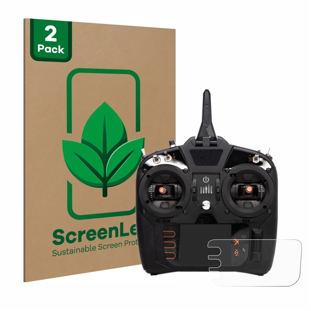 Vorderseite einer Produktverpackung mit dem Markenlogo ScreenLeaf. Daneben ist das Gerät Spektrum NX8 mit dem zugehörigen Disp