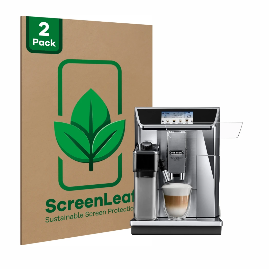 Vorderseite einer Produktverpackung mit dem Markenlogo ScreenLeaf. Daneben ist das Gerät DeLonghi PrimaDonna Elite Experience 