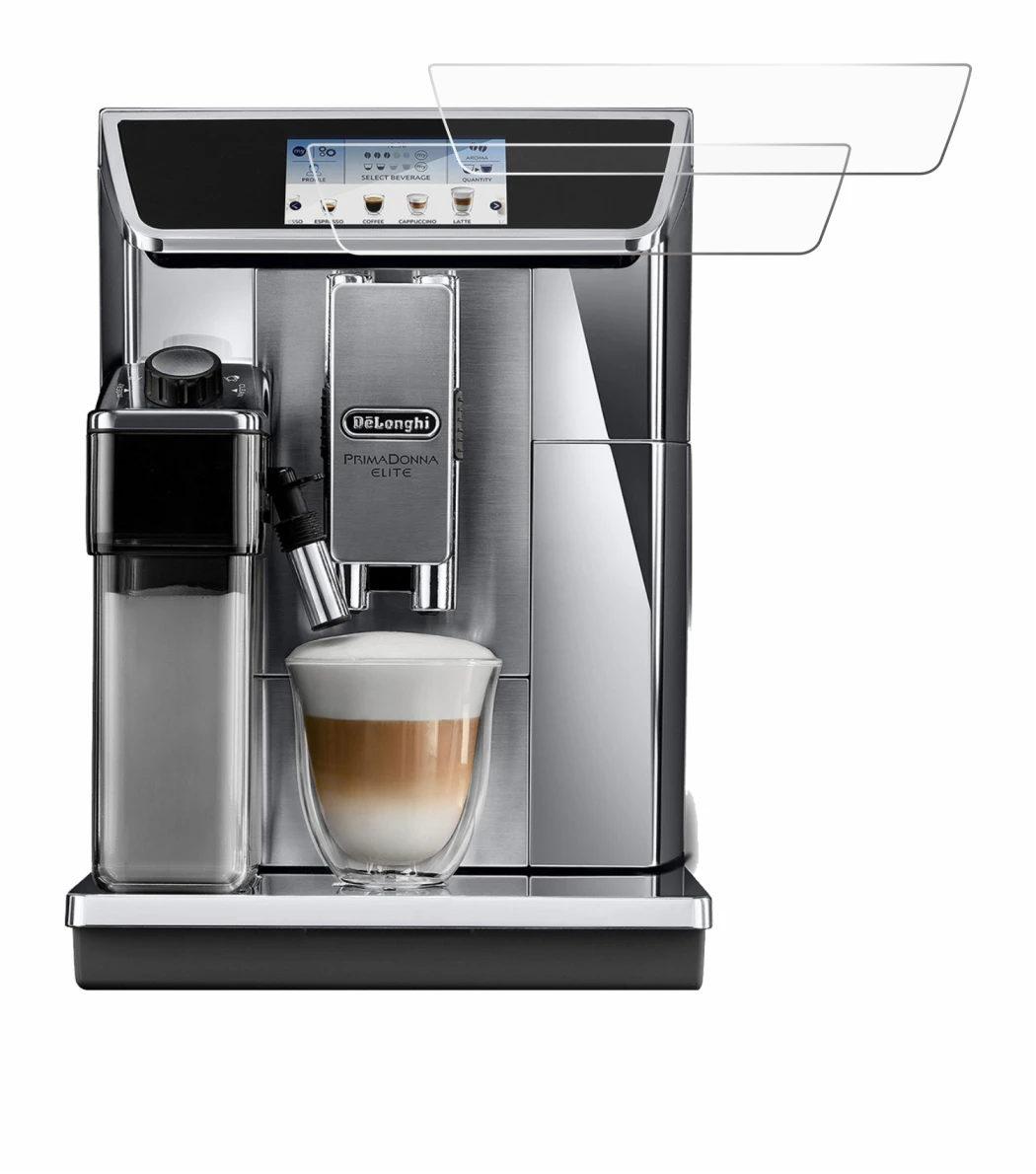 Abbildung des Geräts DeLonghi PrimaDonna Elite Experience ECAM656.85.MS mit einer Vielzahl des Displayschutzes.