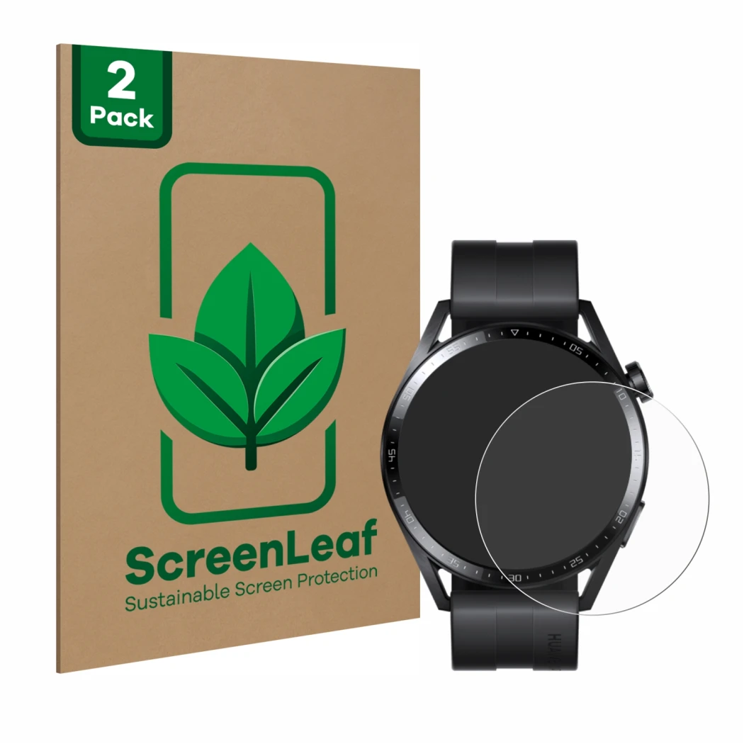 Vorderseite einer Produktverpackung mit dem Markenlogo ScreenLeaf. Daneben ist das Gerät Huawei Watch GT 3 (46 mm) mit dem zug