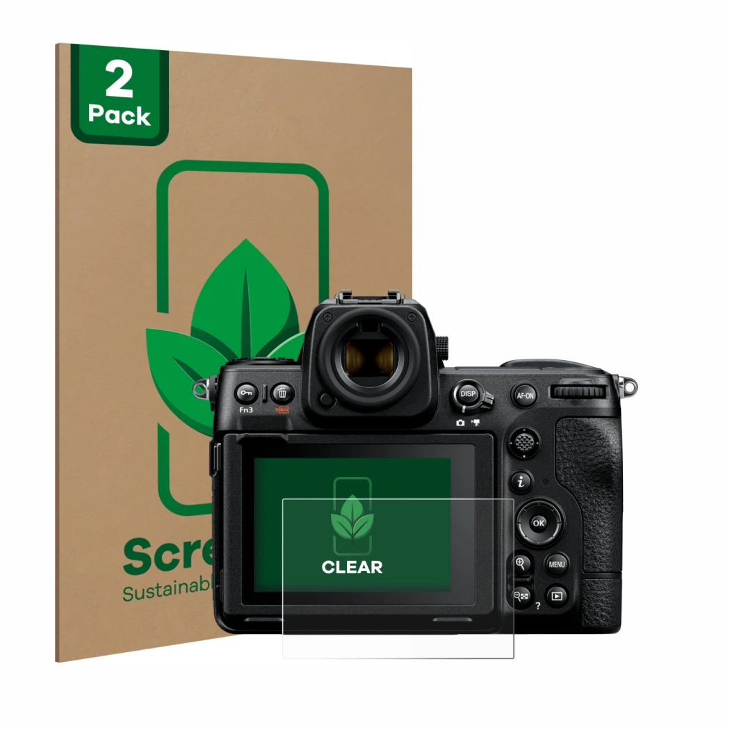 Vorderseite einer Produktverpackung mit dem Markenlogo ScreenLeaf. Daneben ist das Gerät Nikon Z 8 mit dem zugehörigen Display