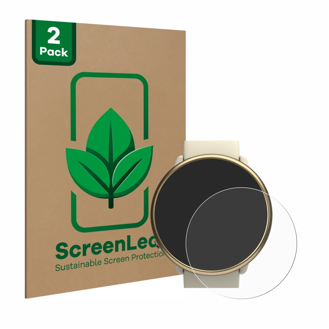 Vorderseite einer Produktverpackung mit dem Markenlogo ScreenLeaf. Daneben ist das Gerät Polar Ignite 2 mit dem zugehörigen Di