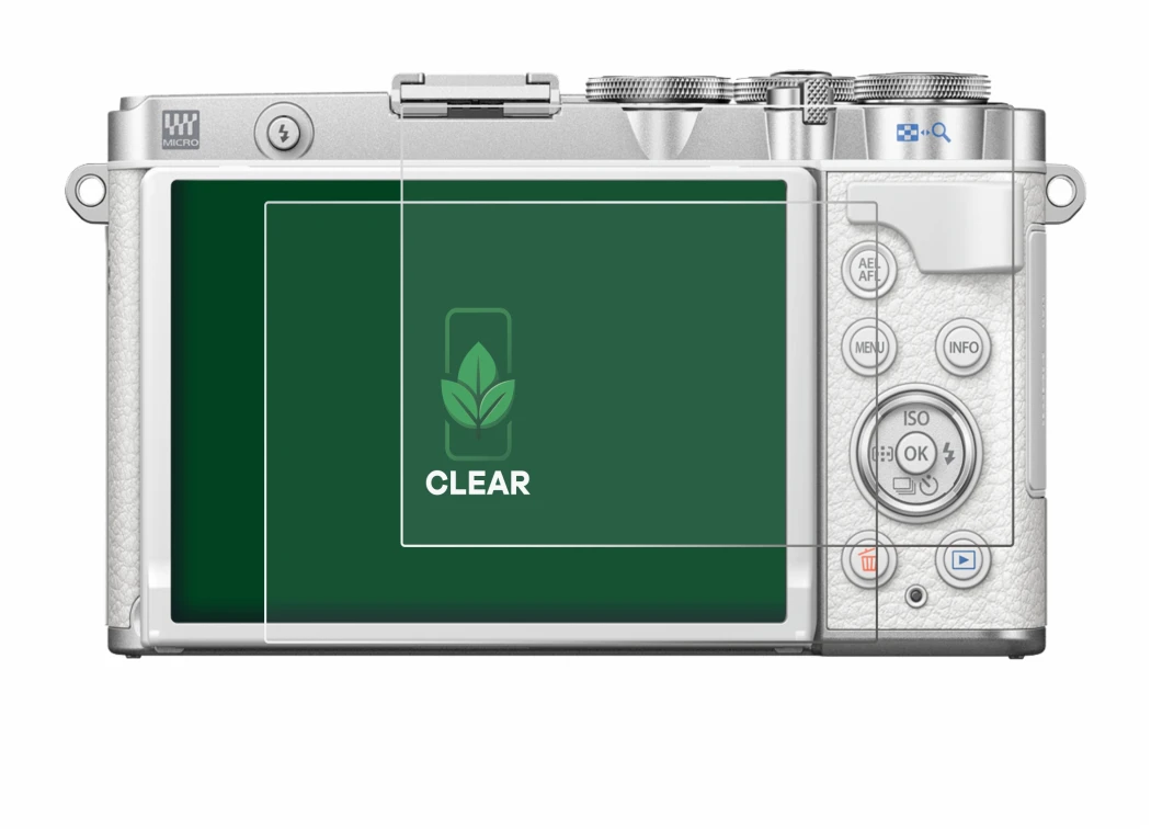 Abbildung des Geräts Olympus PEN E-P7 mit einer Vielzahl des Displayschutzes.