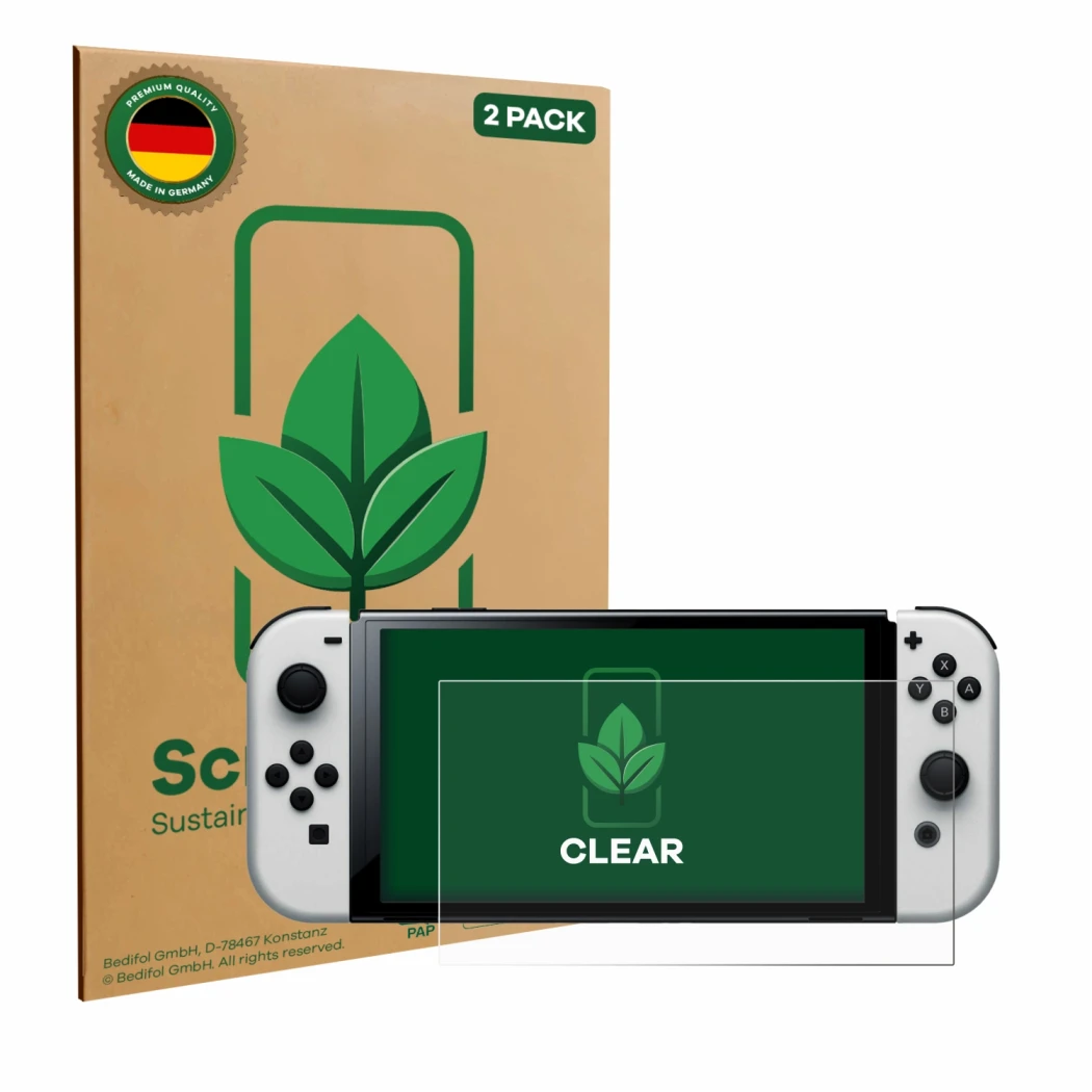 Vorderseite einer Produktverpackung mit dem Markenlogo ScreenLeaf. Daneben ist das Gerät Nintendo Switch OLED-Modell mit dem z