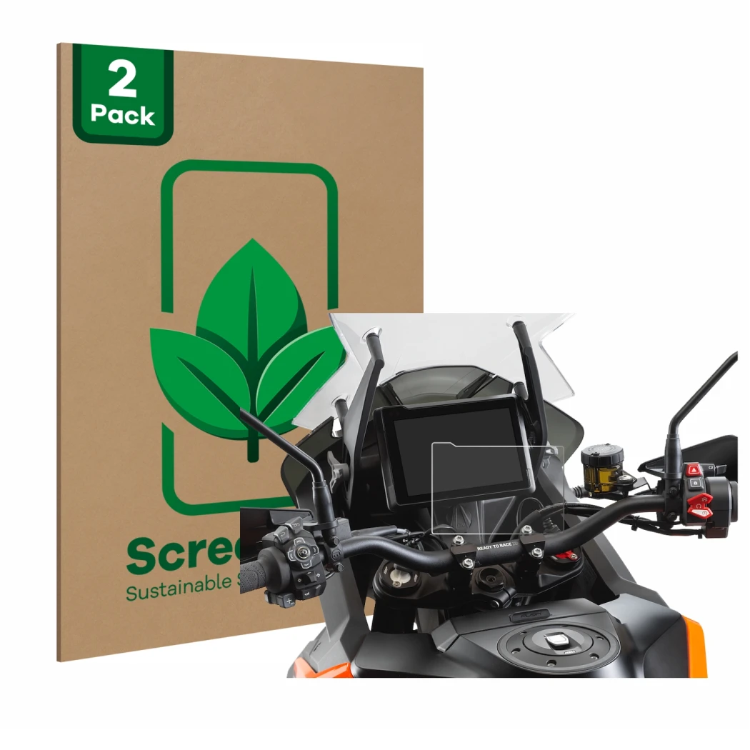 Vorderseite einer Produktverpackung mit dem Markenlogo ScreenLeaf. Daneben ist das Gerät KTM 1290 Super Adventure S 2021 TFT 7