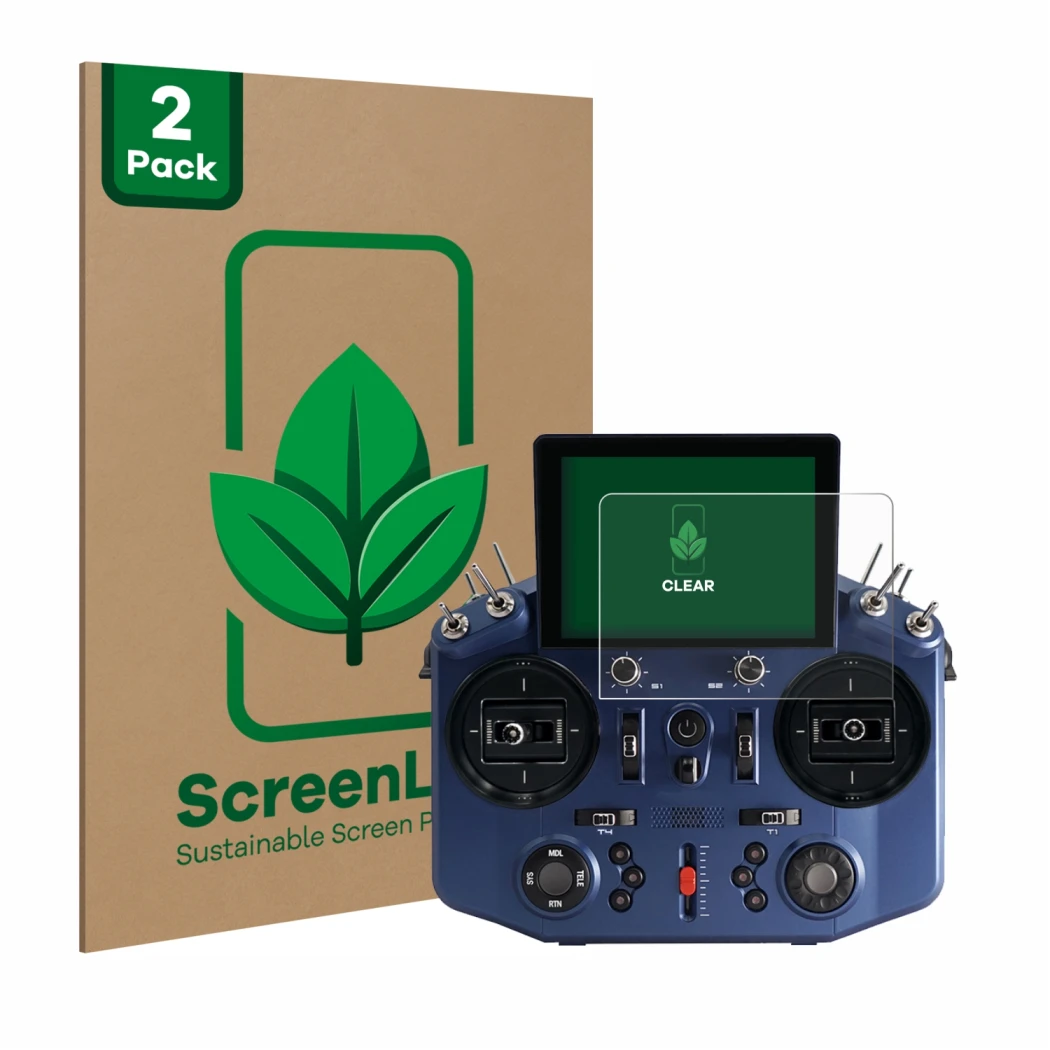 Vorderseite einer Produktverpackung mit dem Markenlogo ScreenLeaf. Daneben ist das Gerät FrSky Tandem X20S mit dem zugehörigen
