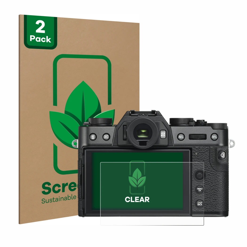 Vorderseite einer Produktverpackung mit dem Markenlogo ScreenLeaf. Daneben ist das Gerät Fujifilm X-T30 ll mit dem zugehörigen