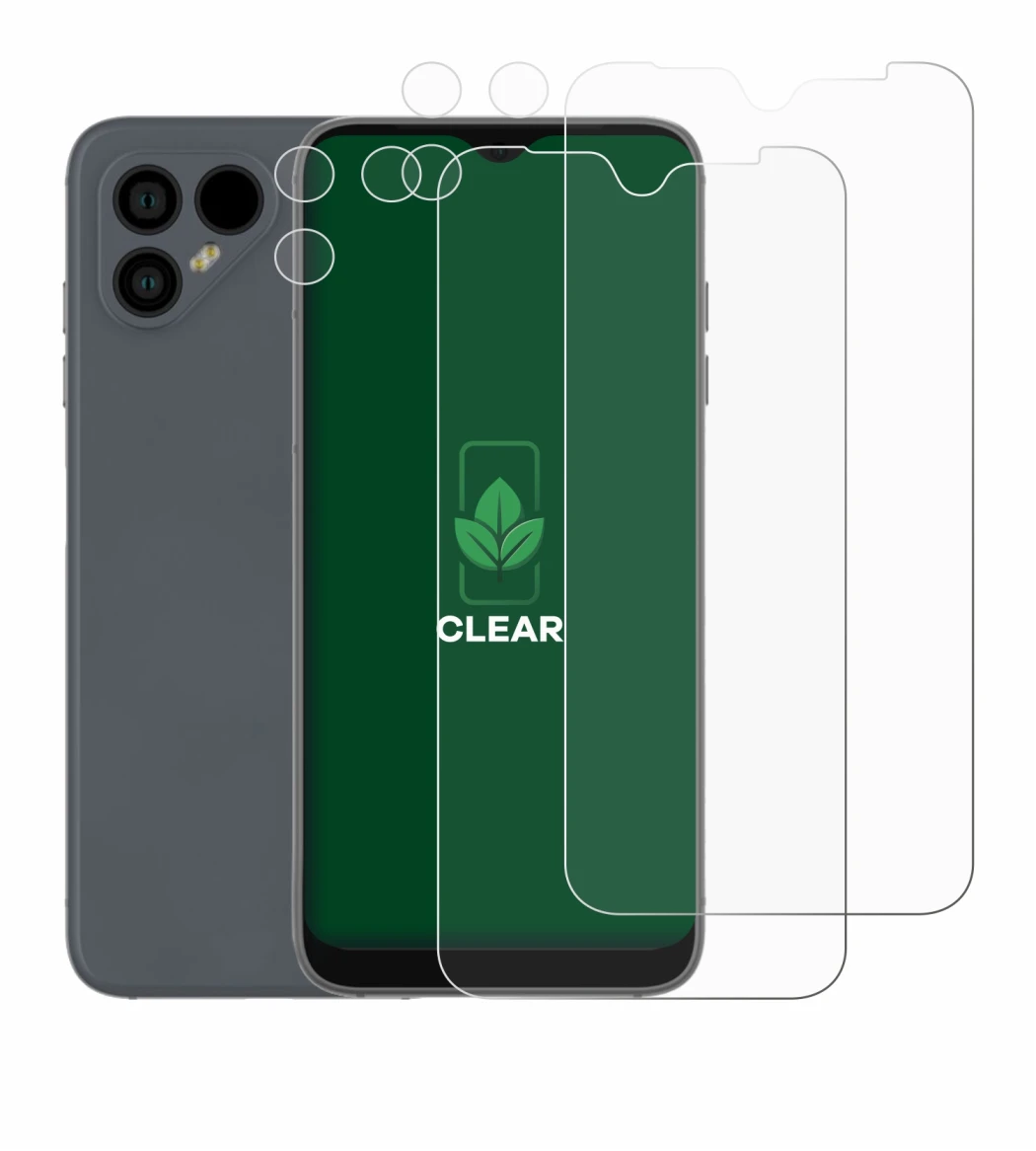 Abbildung des Geräts Fairphone 4 (Display+Kamera) mit einer Vielzahl des Displayschutzes.