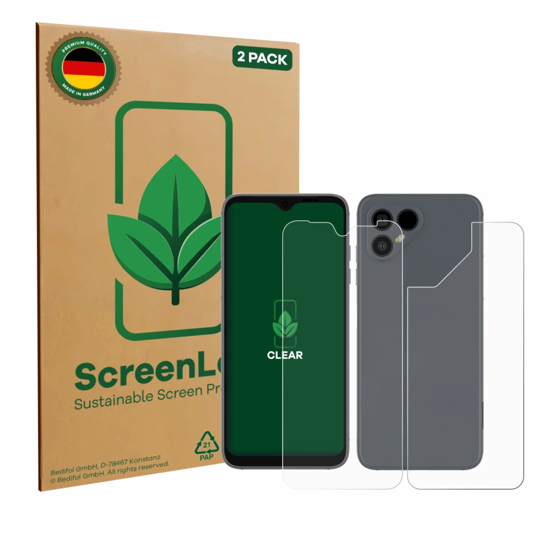 Vorderseite einer Produktverpackung mit dem Markenlogo ScreenLeaf. Daneben ist das Gerät Fairphone 4 (Display+Rückseite) mit d