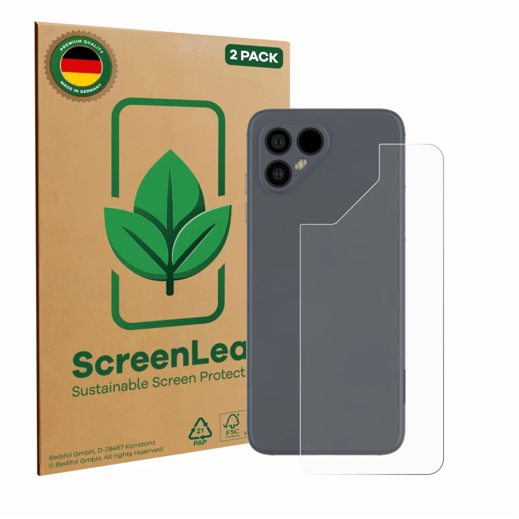 Vorderseite einer Produktverpackung mit dem Markenlogo ScreenLeaf. Daneben ist das Gerät Fairphone 4 (Rückseite) mit dem zugeh