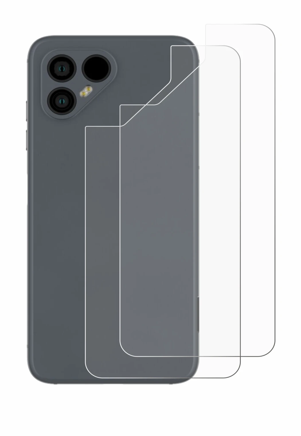 Abbildung des Geräts Fairphone 4 (Rückseite) mit einer Vielzahl des Displayschutzes.