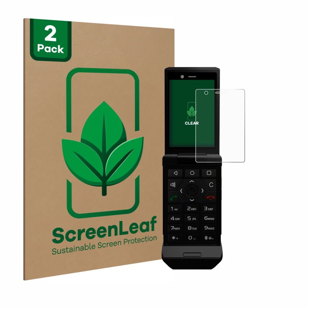 Vorderseite einer Produktverpackung mit dem Markenlogo ScreenLeaf. Daneben ist das Gerät Caterpillar Cat S22 Flip mit dem zuge