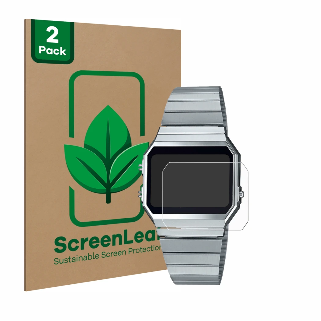 Vorderseite einer Produktverpackung mit dem Markenlogo ScreenLeaf. Daneben ist das Gerät Casio A700WE mit dem zugehörigen Disp